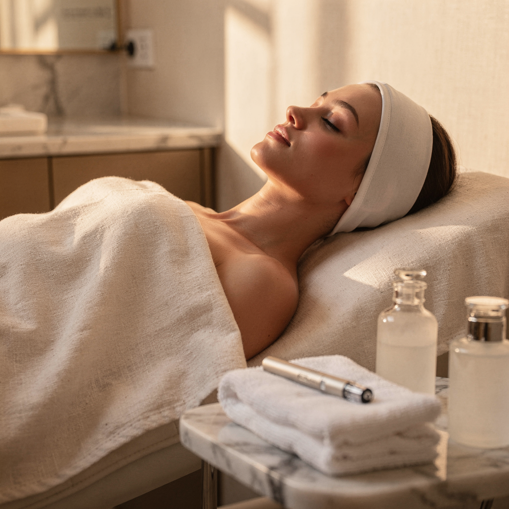 Patient relaxing on treatment bed with headband, microneedling pen and serums visible on nearby table
